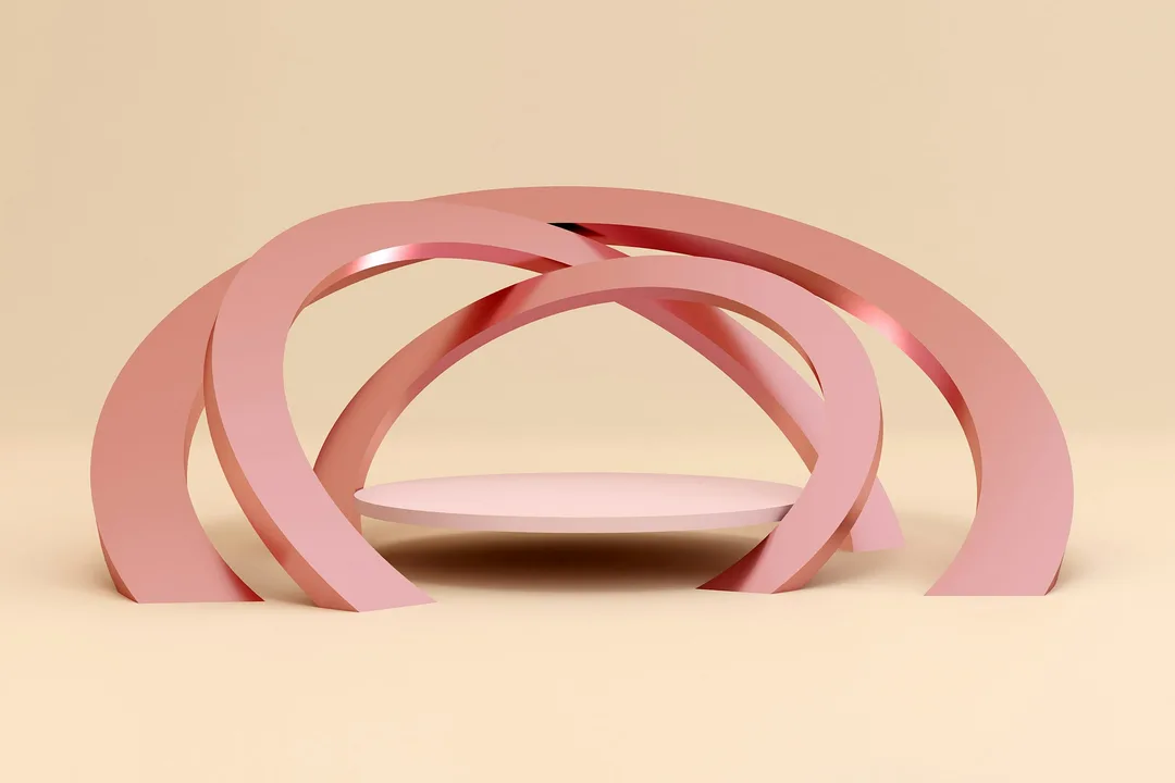 Pink 3D arches curving over a pale disc, on a cream background