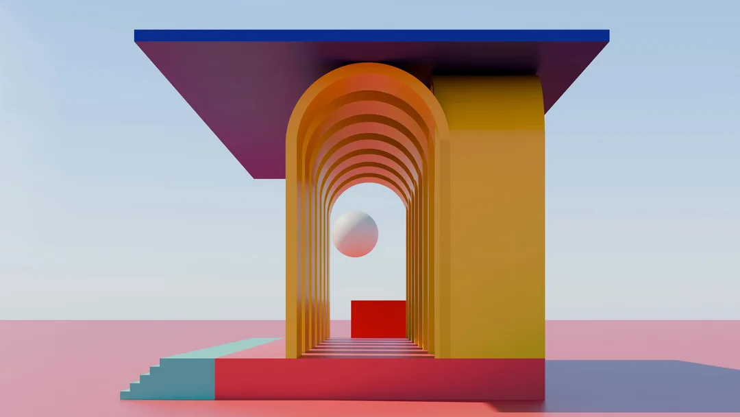 Colorful arches and a floating sphere, a 3D render