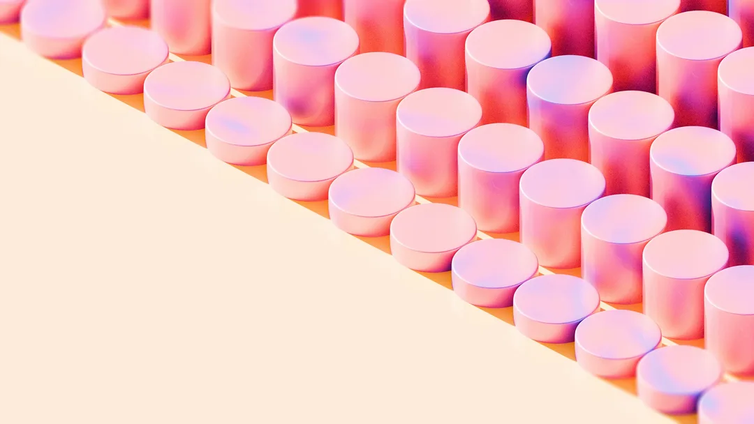 Rows of pink cylinders on a cream background, a 3D render