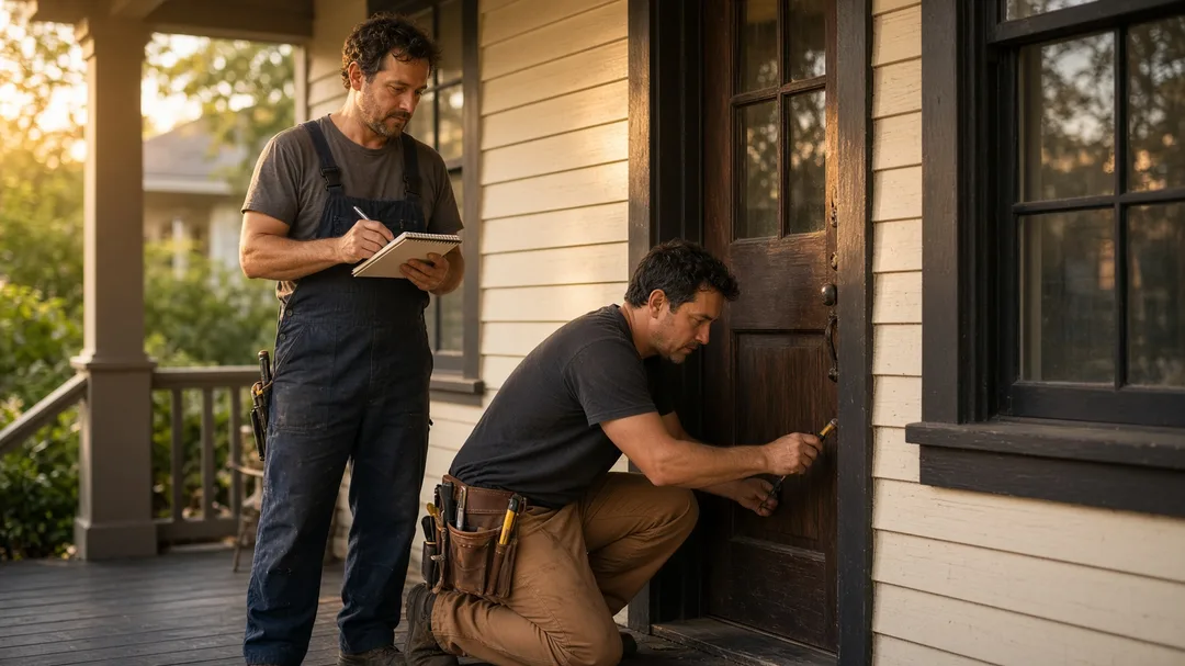 A two-person crew finishing a porch door