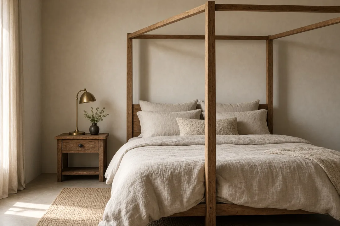 A bedroom with an oak four-poster bed and linen bedding in soft morning light
