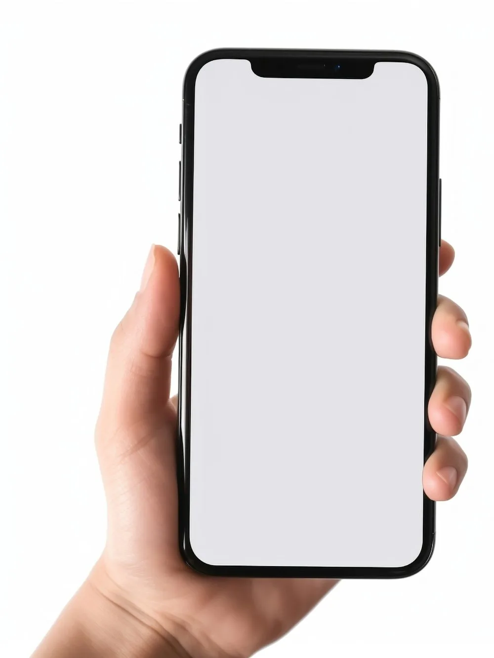 A hand holding a phone with a blank screen against a white background